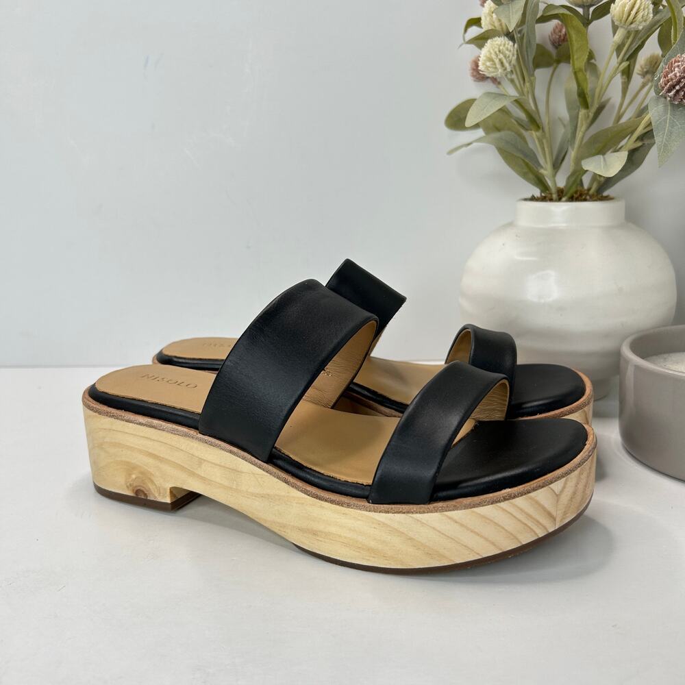 Nisolo Double-Strap Wood Bottom Heels Black Women's 7 NWOB Anthropologie